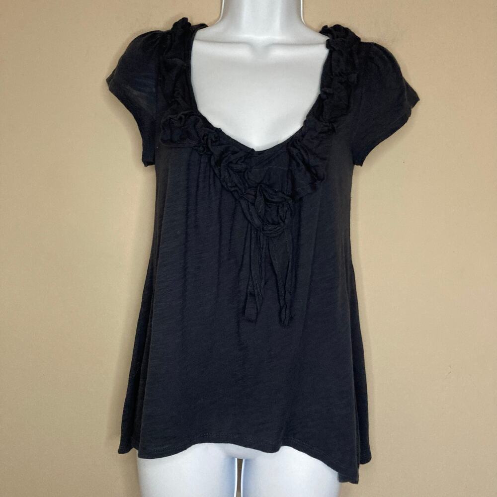 Anthropologie Blue Cotton Top With Floral Applique Neckline Pinktucks Size Small - Picture 10 of 16